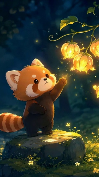小熊猫与发光灯笼花