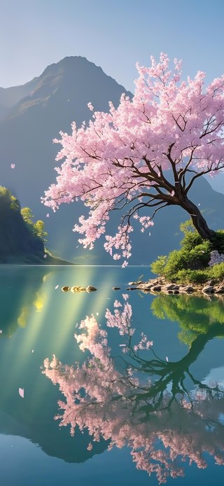 湖中樱花树