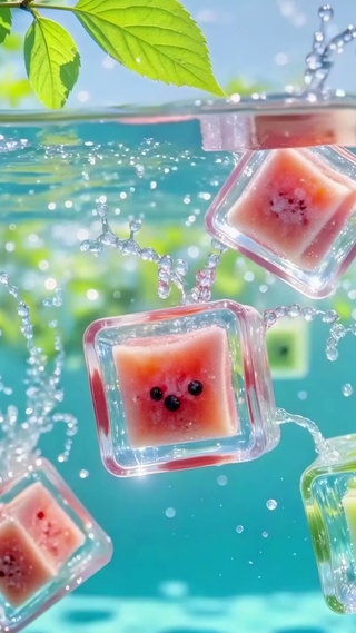 夏天掉进水里的水果冰块