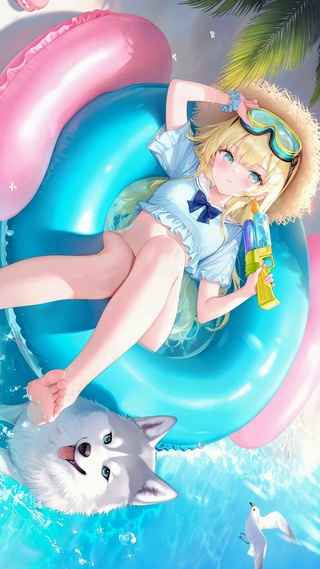 夏日泳装少女与哈士奇