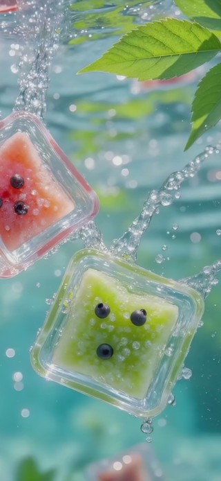 夏日冰水里的水果冰块