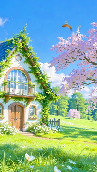 护眼蓝天下绿色小屋