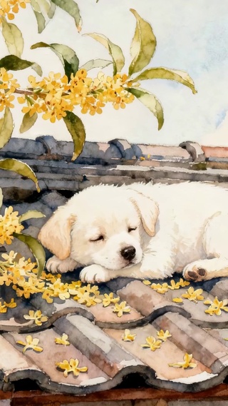 屋顶桂花下的酣睡小狗水墨小清新