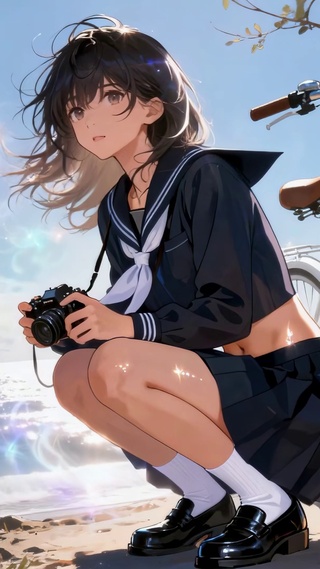 冬日暖阳海边沙滩上学院风少女