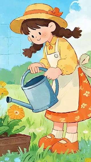 护眼小清新浇花女孩