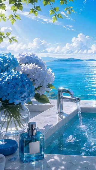 治愈海景窗边蓝色绣球花