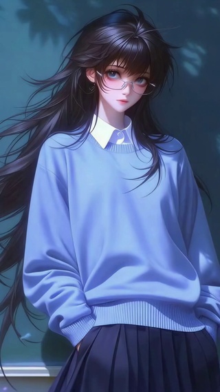蓝墙花丛女孩