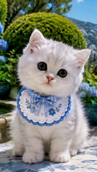 蓝色绣球花园可爱小奶猫