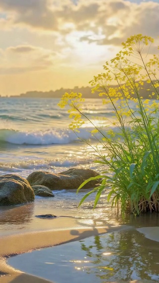 夕阳海滨黄花浪漫海景