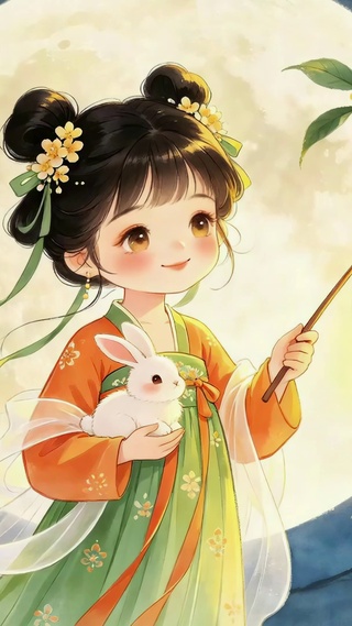 古风中秋提灯玉兔少女