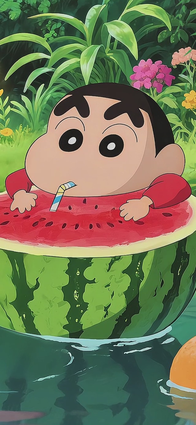 小溪边悠闲喝西瓜汁的蜡笔小新