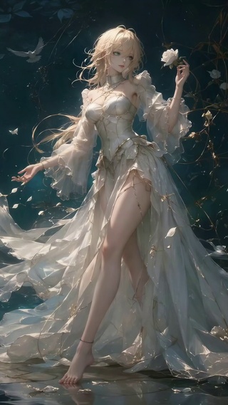 暗夜水边白玫瑰金发美少女