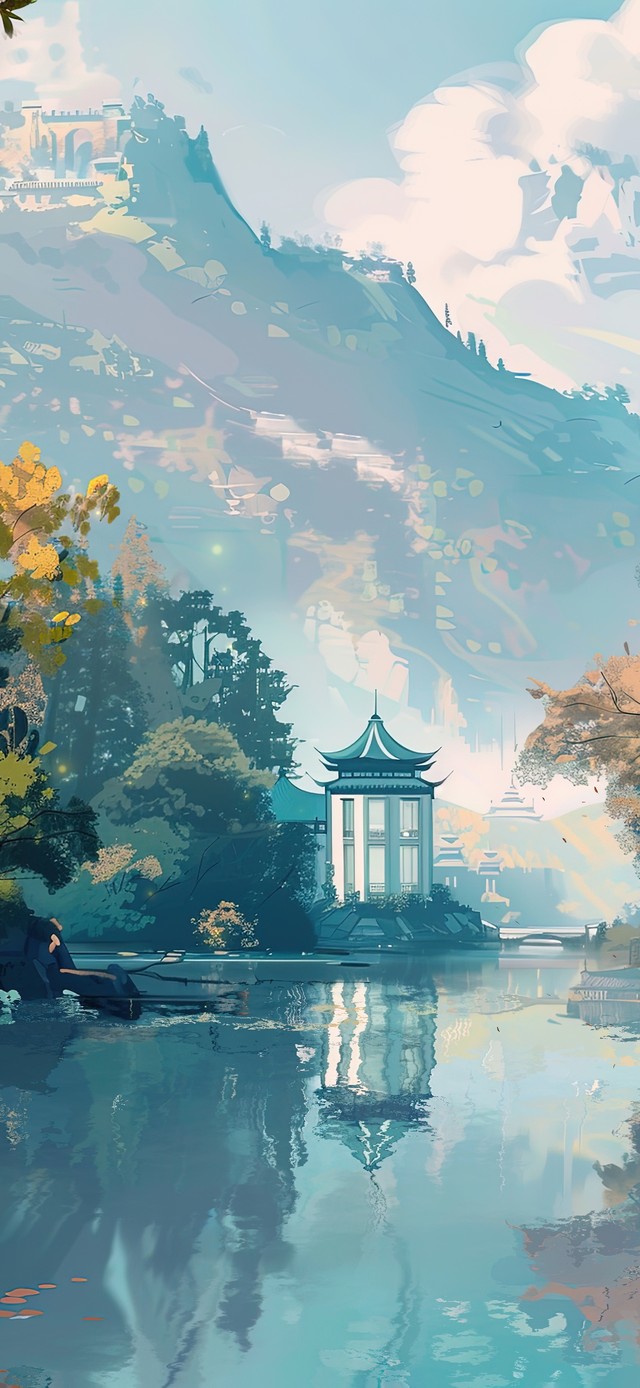 唯美古风高山亭子湖泊