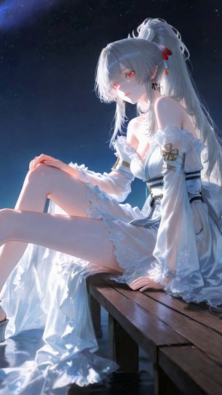 星空湖畔银发白裙美少女