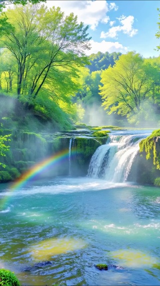 清新林间溪流瀑布美景