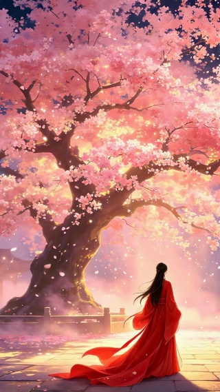红裙女子古院赏樱夜景