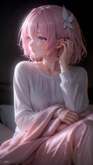 粉发睡衣少女月夜卧室