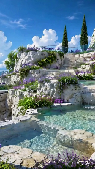 悬崖花海清池治愈风景