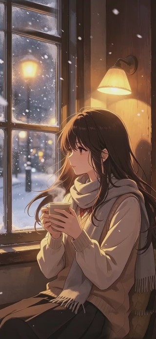 窗畔樱色·初雪 手机锁屏