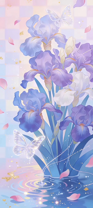 全屏雾蓝鸢尾落樱伴蝶栖花间
