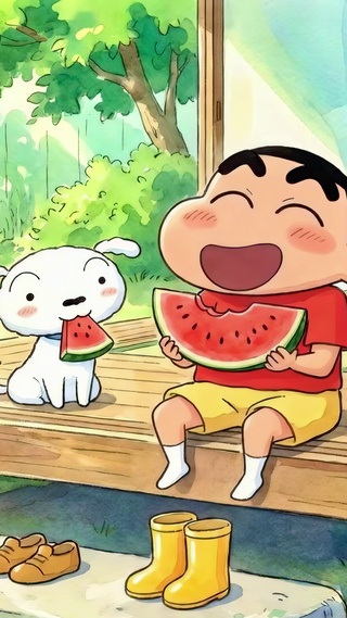 夏日吃西瓜的快乐小新和小白