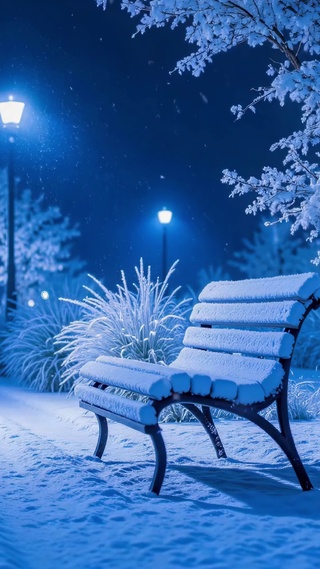 雪夜路灯长椅