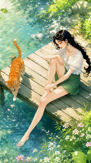 夏日溪边少女与橘猫