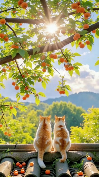 晴日屋顶橘猫望山林