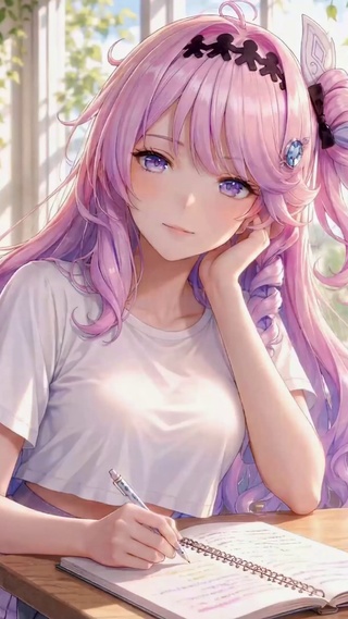 教室窗边学习的粉发美少女