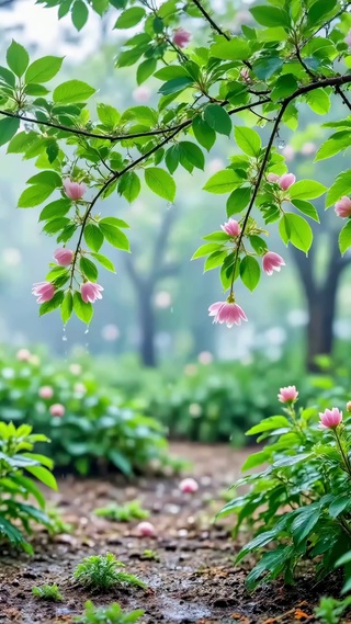 清晨雨中花园