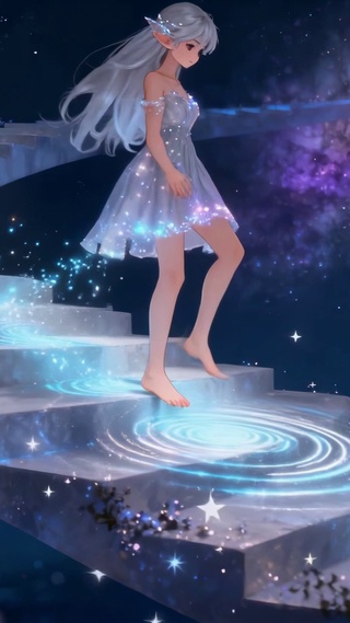 星空阶梯银发精灵少女