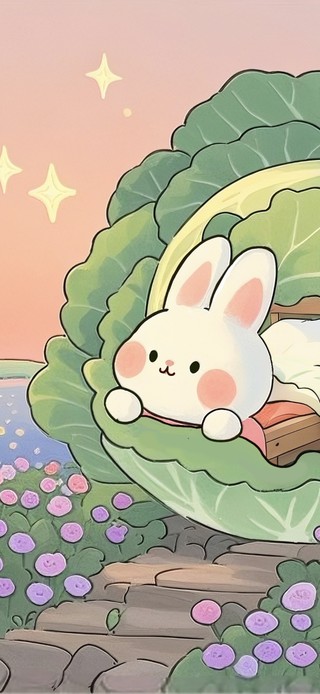 花海卷心菜小屋探头看流星雨小兔