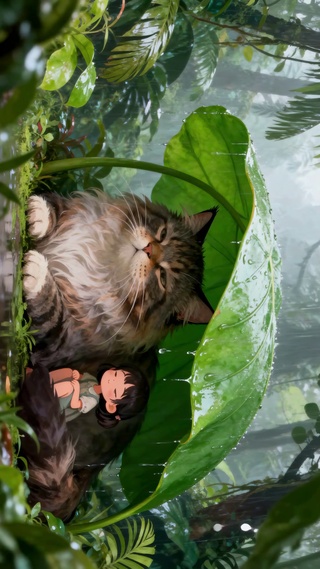 躲雨大猫与小女孩
