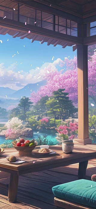 蓝天白云树木樱花