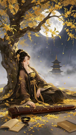 古风桂花树下美女壁纸