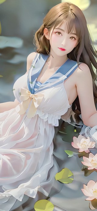 夏日荷花边的美女