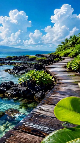 清新海边栈道治愈风景