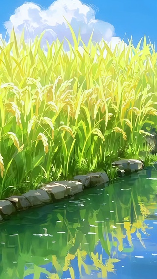 稻田间的小河流