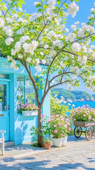 春日海边的蓝色小屋