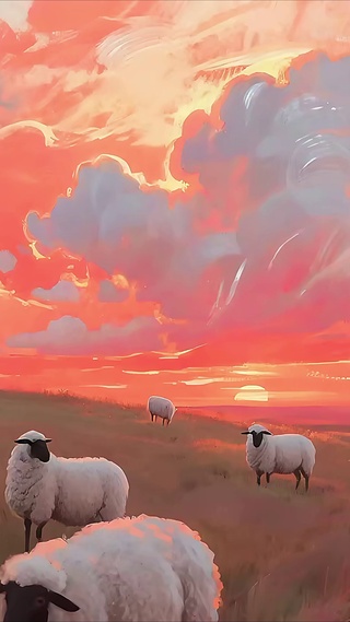 油画-夕阳下的羊群