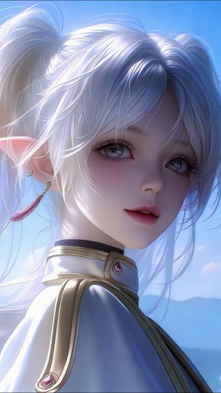 晴空下的银发精灵美少女