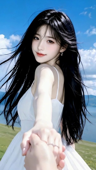 湖畔白衣长发清纯美女