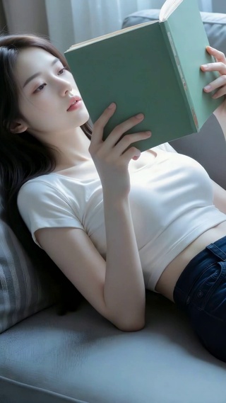 沙发上阅读的清纯少女