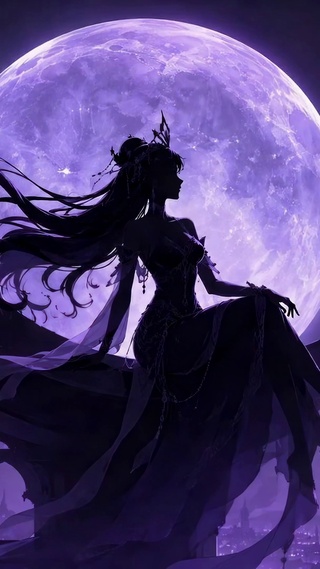紫月星空下的暗夜女神剪影