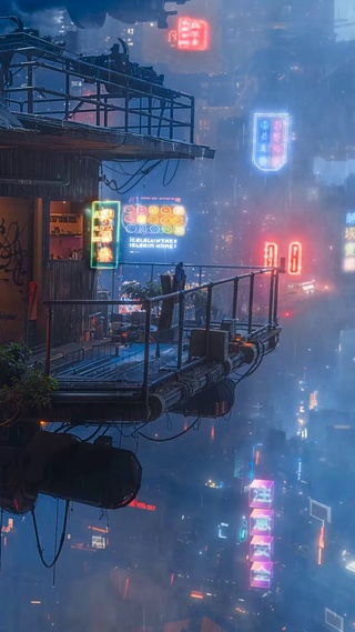 科幻雨夜未来城市阁楼 