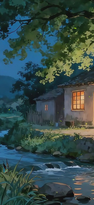 夜晚农村溪流