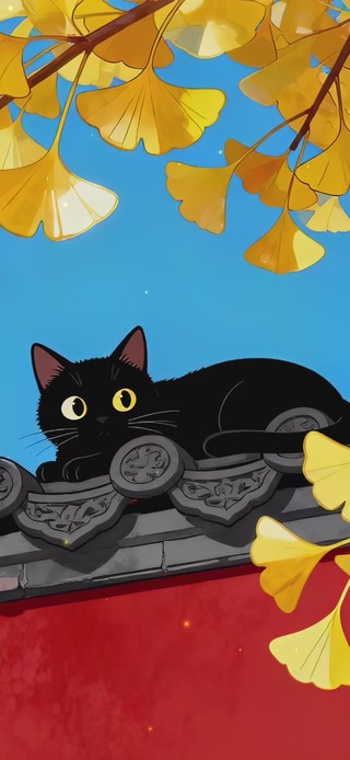 可爱银杏红墙黑猫
