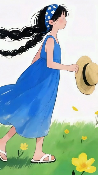 夏日花田的蓝裙少女