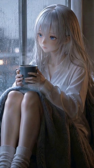 雨天窗边银发美少女