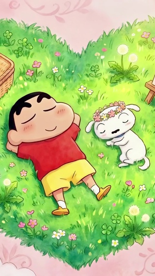 草地上打盹的小新和小白